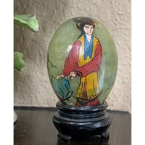 Vintage Hand Painted Green Jade Egg Geisha Girl Japanese Figurine Asian